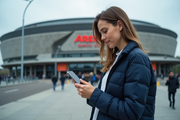 Femme consultant son application mobile de navigation devant l'entrée de l'Arena Versailles