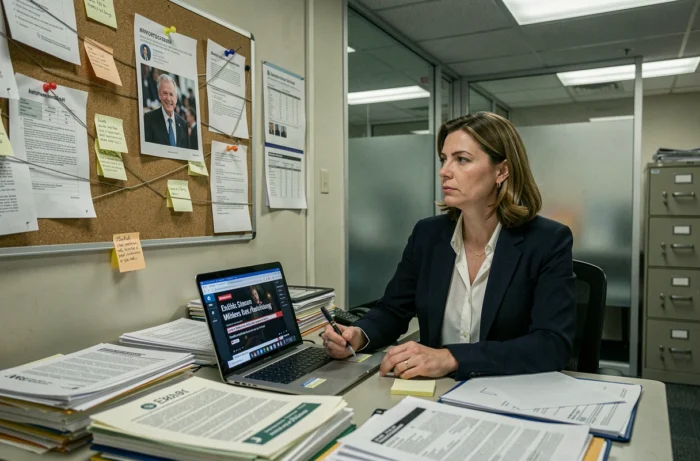Agente gouvernementale analysant des dossiers dans un bureau d'enquête, illustrant les enjeux géopolitiques et d'investigation de la série Messiah sur Netflix