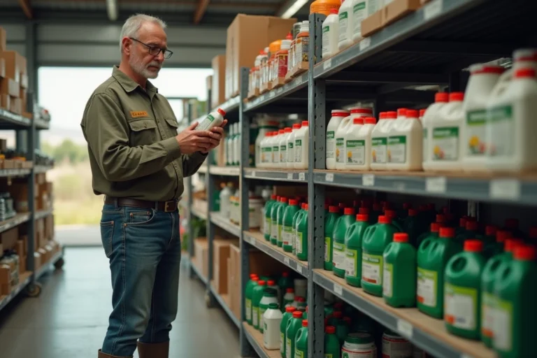 Agriculteur portugais lisant l'étiquette d'un herbicide glyphosate 360 dans un magasin agricole