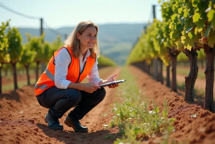 Agronome analysant les mauvaises herbes dans un vignoble portugais avant traitement au glyphosate
