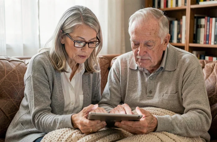 Une femme aide son père âgé à utiliser une tablette numérique dans un salon confortable, symbolisant l'accompagnement technologique des parents au quotidien
