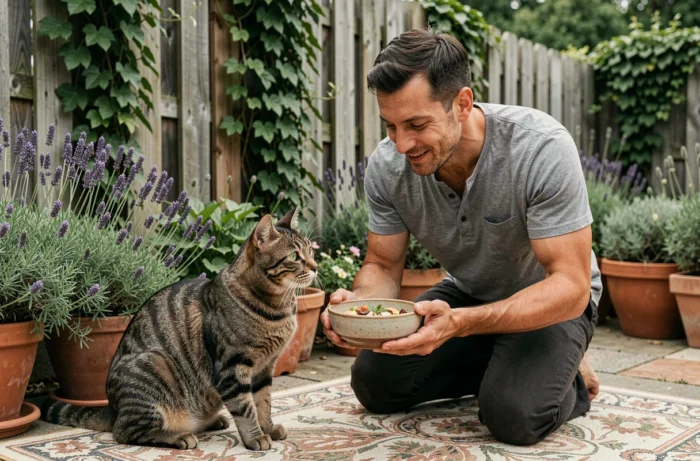 Homme offrant une alimentation naturelle maison à un chat tigré dans un jardin fleuri