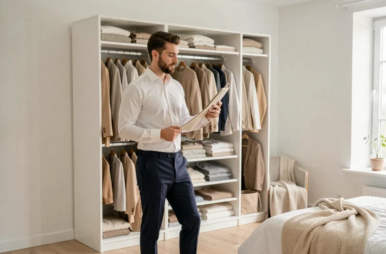 Homme élégant devant un dressing organisé, illustrant le thème de l'amélioration du style vestimentaire au quotidien
