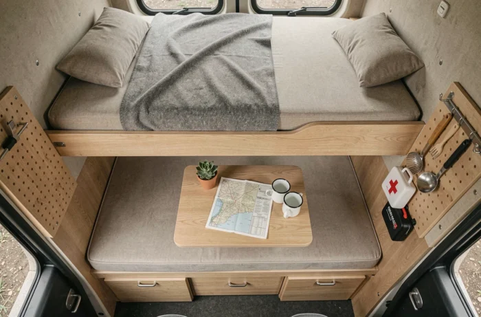 Vue en plongée de l'aménagement intérieur double étage d'un fourgon avec couchettes et espace repas pour deux personnes