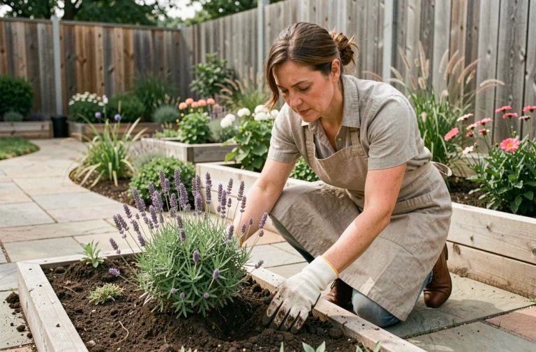 Femme en train de planter de la lavande dans un jardin extérieur aménagé avec des massifs de fleurs et une allée en pierre
