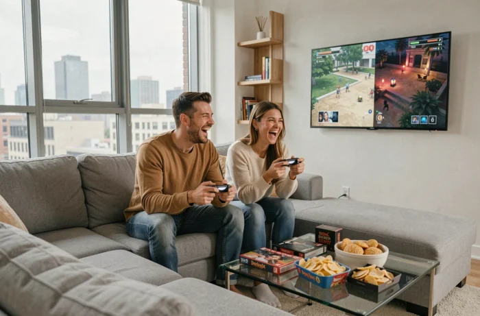 Deux amis jouant en multijoueur local sur canapé dans un appartement moderne avec jeux vidéo en écran partagé