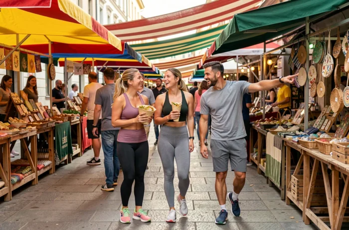 Groupe d'amis explorant un marché de rue coloré en ville, illustrant les loisirs urbains et les sorties conviviales du week-end
