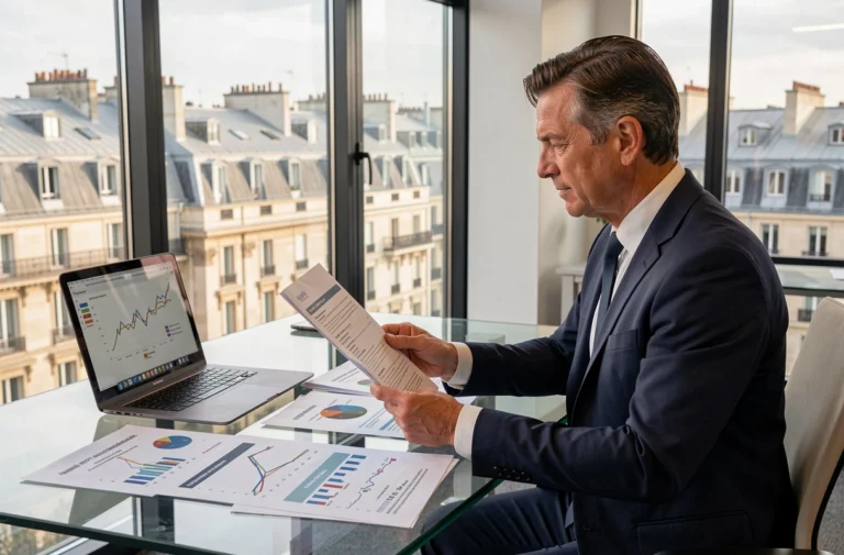 Analyste financier examinant des rapports de rendement SCPI dans un bureau parisien avec vue sur les toits haussmanniens