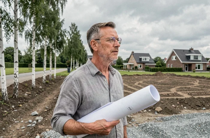 Architetto su un terreno edificabile in Belgio con piani di costruzione, valutando un progetto immobiliare in zona residenziale