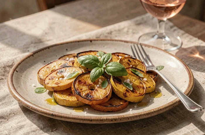 Assiette de courge longue de Nice poêlée dorée garnies de basilic frais et fleur de sel sur nappe de lin provençale