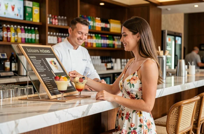 Jeune femme choisissant une boisson incluse au bar d'un hôtel all inclusive soft avec formule soft drinks