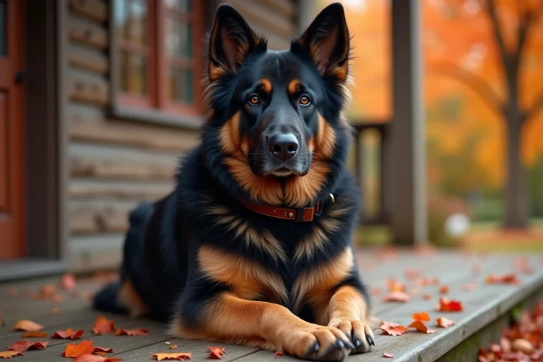 Chien croisé Berger Allemand Terre Neuve assis sur un porche en bois entouré de feuilles d'automne
