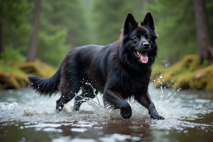 Croisé Berger Allemand Terre Neuve jouant dans une rivière en forêt avec fourrure mouillée