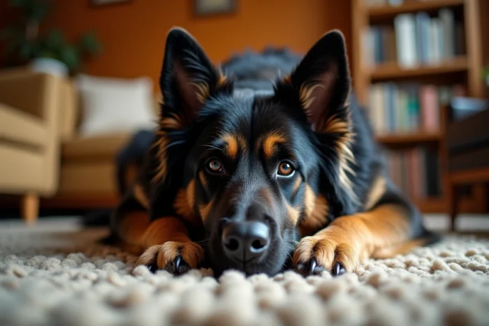 Grand chien croisé Berger Allemand Terre Neuve allongé sur un tapis dans un salon chaleureux