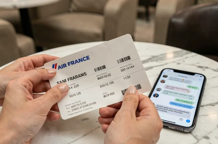 Gros plan sur un billet Air France et un smartphone pour une demande de correction de nom de passager