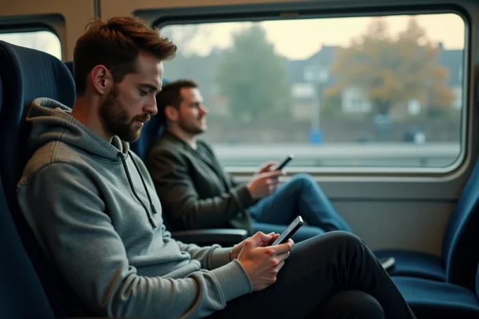 Homme consultant son billet mobile dans le train en direction de l'Arena Versailles