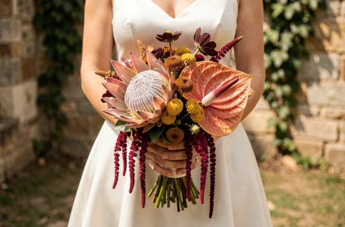 Bouquet de mariée original composé de protées, d'anthuriums, de cosmos chocolat et d'amaranthe dans des tons bordeaux et ambre, tenu devant un mur en pierre