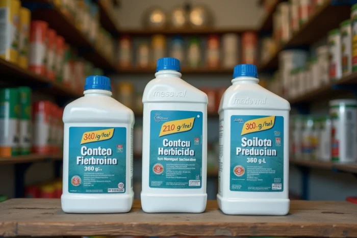 Bouteilles de glyphosate 360 avec étiquettes de prix sur l'étagère d'une coopérative agricole portugaise