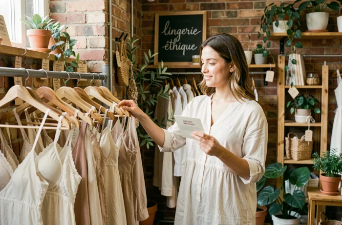 Femme explorant un rayon de lingerie éthique dans une boutique de mode durable avec des cintres en bois et des plantes vertes
