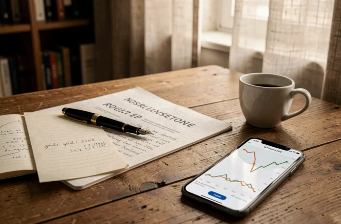 Gros plan éditorial d'un bureau avec prospectus SCPI, carnet de calculs et smartphone affichant les performances de rendement août 2026