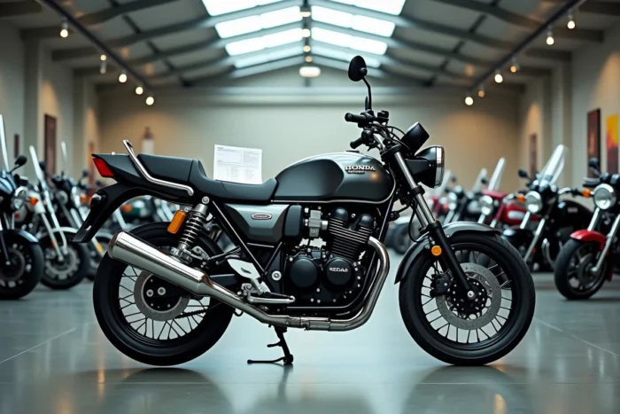 Honda CB 900 Boldor dans un showroom de motos classiques avec un devis d'assurance posé sur la selle
