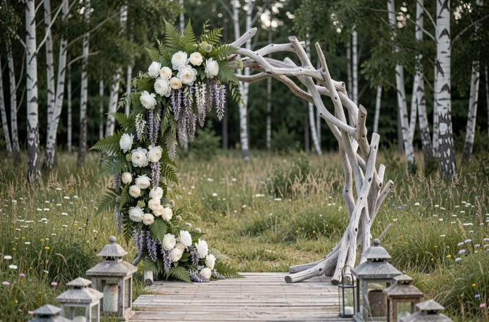 Cérémonie laïque en plein air avec une arche asymétrique en bois flotté et fleurs blanches dans une prairie de fleurs sauvages