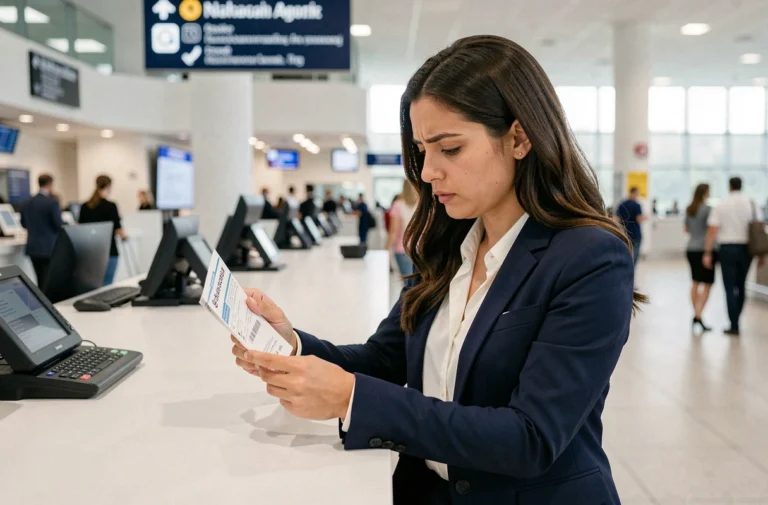 Femme au comptoir d'enregistrement Air France consultant ses billets d'avion pour un changement de nom