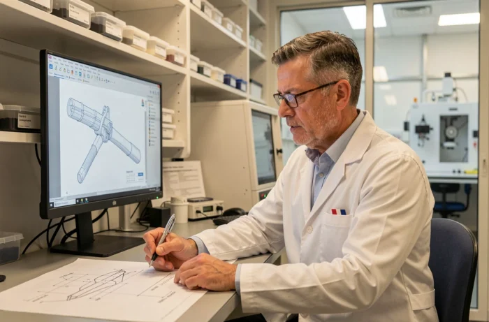 Chercheur français analysant des plans de prototypes d'instruments chirurgicaux dans un laboratoire de R&D en matériel médical