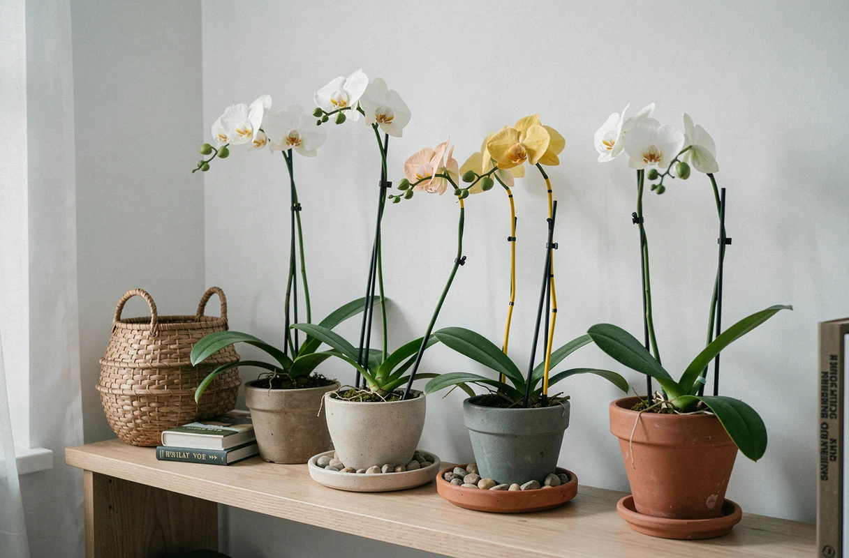 Coin plantes d'intérieur avec orchidées dont une tige jaunie visible, étagère en chêne dans un salon minimaliste scandinave