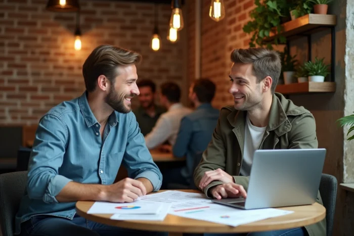 Deux professionnels collaborant sur une stratégie RSE et ESG dans un espace de coworking durable avec documents imprimés