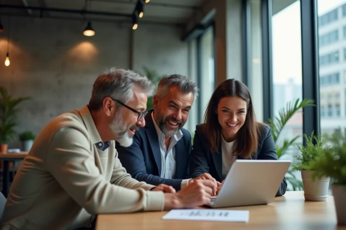 Groupe de collègues partageant et discutant des dernières actualités en ligne sur une tablette dans un espace de coworking