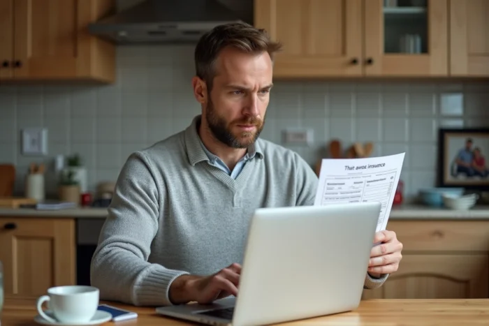 Homme comparant des offres d'assurance en ligne sur un ordinateur portable à la maison avec des documents imprimés