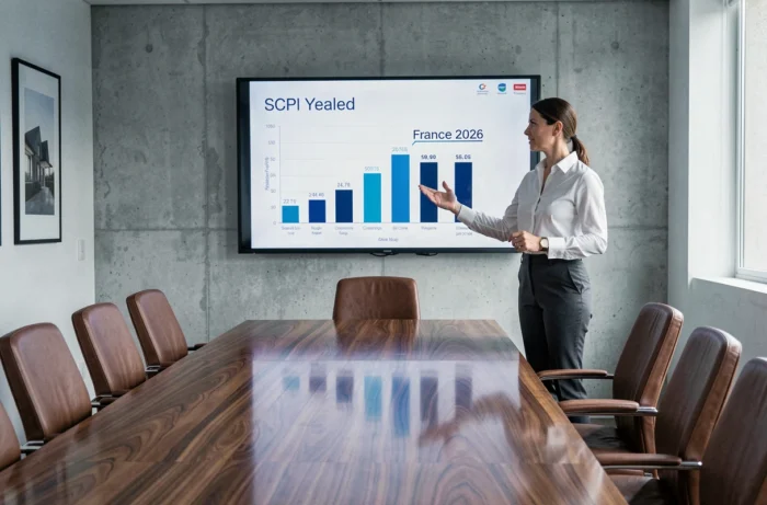 Conseillère en investissement présentant les tendances de rendement SCPI 2026 dans une salle de réunion moderne