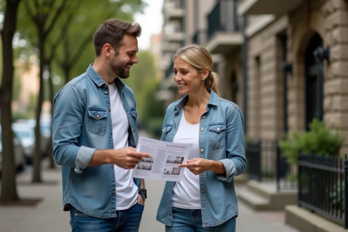 Couple examinant une annonce immobilière imprimée devant un immeuble résidentiel en ville