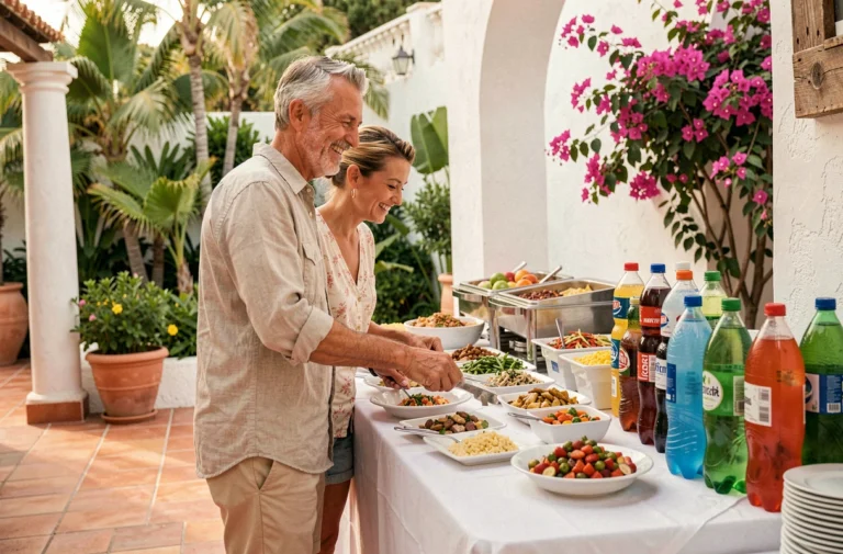 Couple profitant d'un buffet all inclusive soft en terrasse dans un hôtel resort méditerranéen
