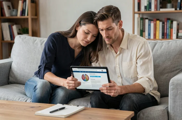 Couple lisant ensemble des témoignages sur un forum FIV depuis une tablette dans leur salon