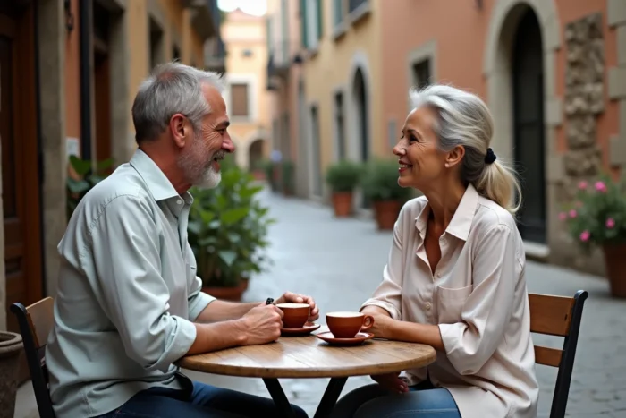 Couple discret partageant un café en terrasse dans une ruelle pavée européenne, scène intime et authentique de vie à deux d'un grand voyageur