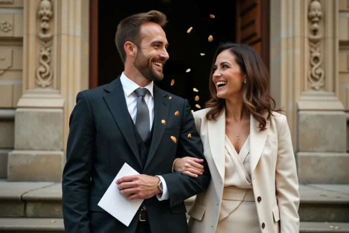 Couple souriant sur les marches d'une mairie française après un mariage civil discret