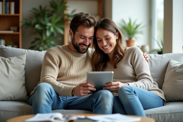 Couple de jeunes adultes planifiant leur budget et leurs économies sur une tablette dans un appartement moderne et lumineux