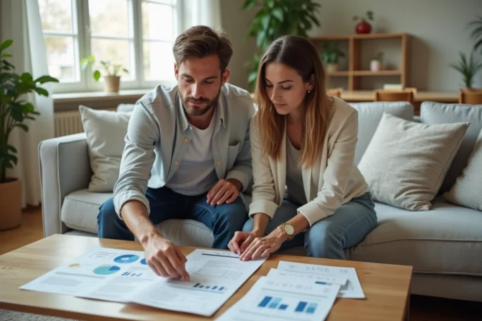 Couple examinant des documents financiers et des reçus sur une table basse dans un salon moderne, planification des finances du foyer