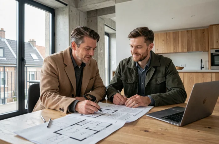 Coppia che studia piani e un contratto immobiliare in un appartamento moderno belga con vista sui tetti urbani