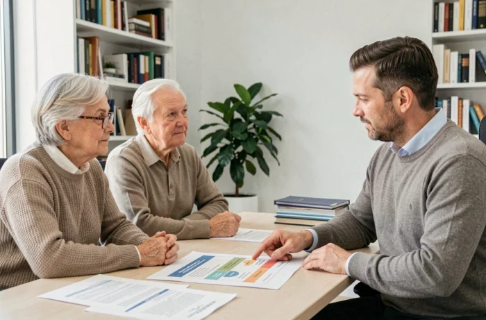 Couple de seniors en consultation avec un conseiller en mutuelle santé dans un bureau professionnel