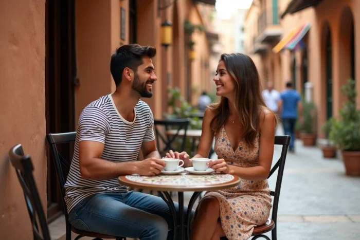 Couple de voyageurs dégustant un thé à la menthe dans un café de rue d'une médina nord-africaine animée