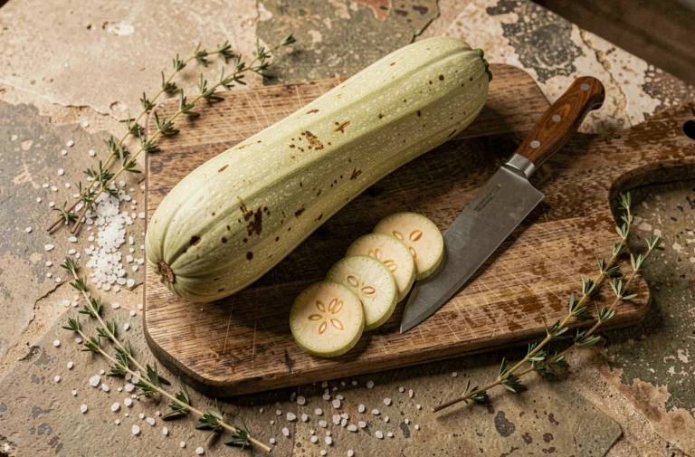 Courge longue de Nice entière et tranchée sur une planche en bois rustique avec couteau de chef et herbes fraîches
