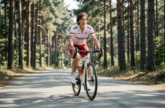 Cycliste féminine pédalant sur un Triban RC 120 sur une piste cyclable forestière en France