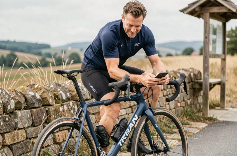 Cycliste masculin au repos sur un vélo de route Triban RC 120 le long d'une route de campagne française