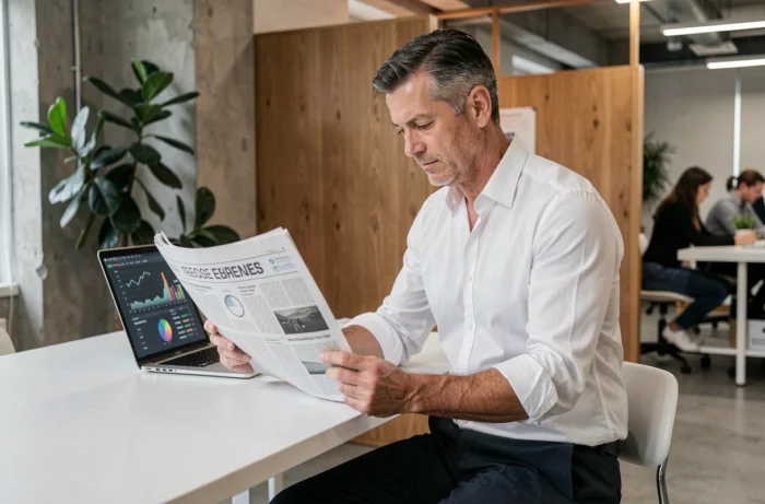 Dirigeant d'entreprise lisant un journal financier dans un bureau moderne en open space