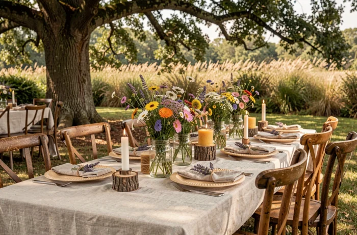 Table de mariage éco-responsable avec des fleurs sauvages locales, des assiettes compostables, des bougies en cire d'abeille et du linge naturel dans un jardin en plein air