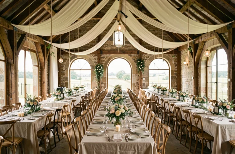 Vue panoramique d'une salle de mariage décorée avec des tables banquet, des compositions florales et des installations suspendues dans une grange en pierre rénovée