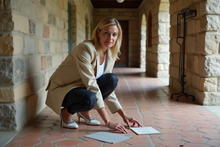 Décoratrice intérieure comparant des échantillons de carrelage avec des tomettes anciennes dans un couloir de maison de campagne rénovée